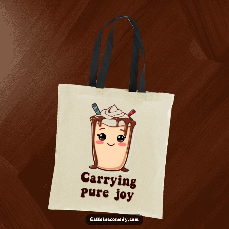 Funny tote bag featuring a cheerful mocha character, whose chocolate drizzle creates a delightful smiley face.