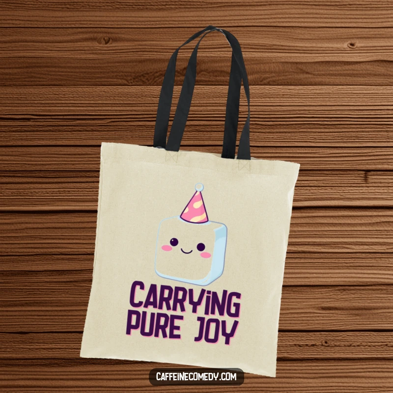 Funny sugar cube in a party hat, a delightful and humorous design on a practical tote bag for everyday use.