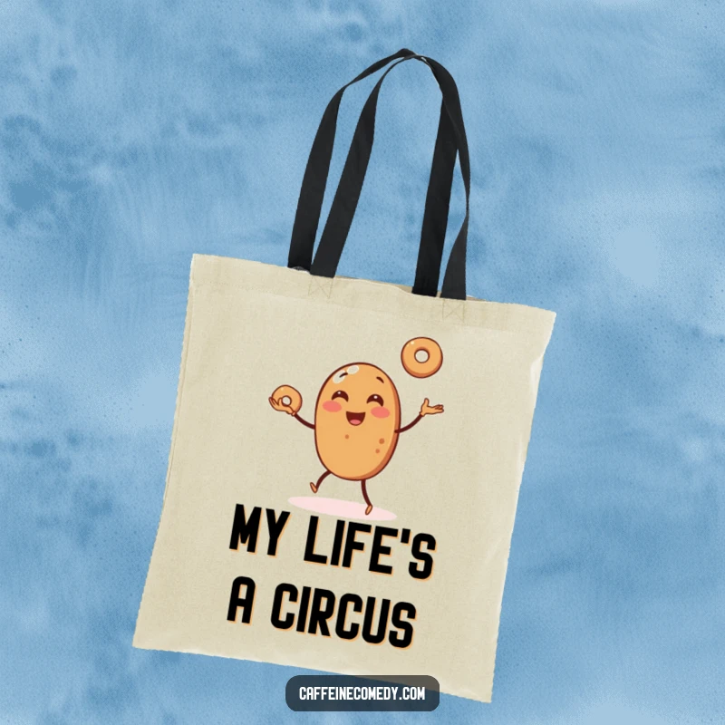Funny tote bag featuring an animated coffee bean skillfully juggling small bagels, ideal for carrying groceries with a smile.