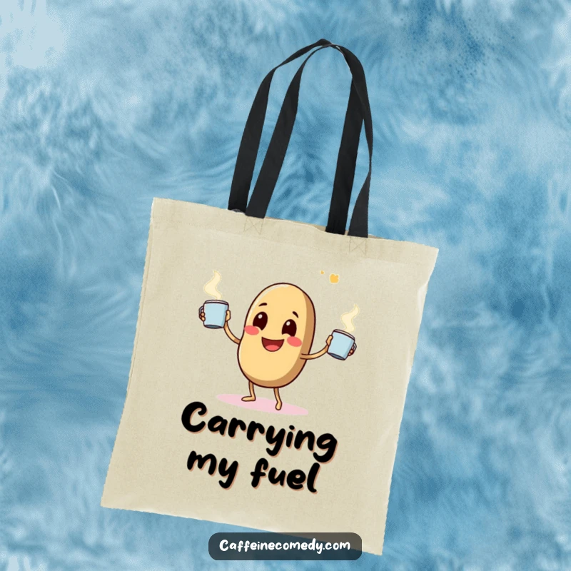 Funny tote bag showing a happy coffee bean character comically juggling steaming mugs, perfect for carrying coffee essentials.