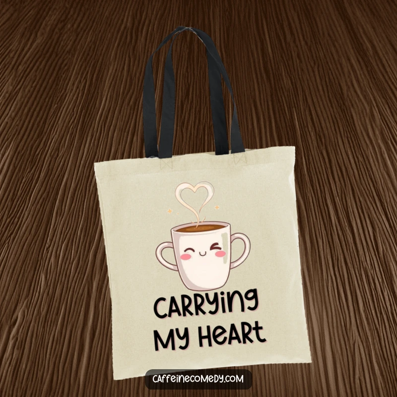 Funny tote bag showcasing a steaming coffee mug character winking, with steam forming a heart, perfect for carrying daily essentials.