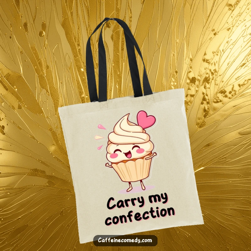 Funny Cupcake Tote Bag: A cheerful cupcake character enthusiastically blowing frosting, perfect for carrying essentials with sweetness.
