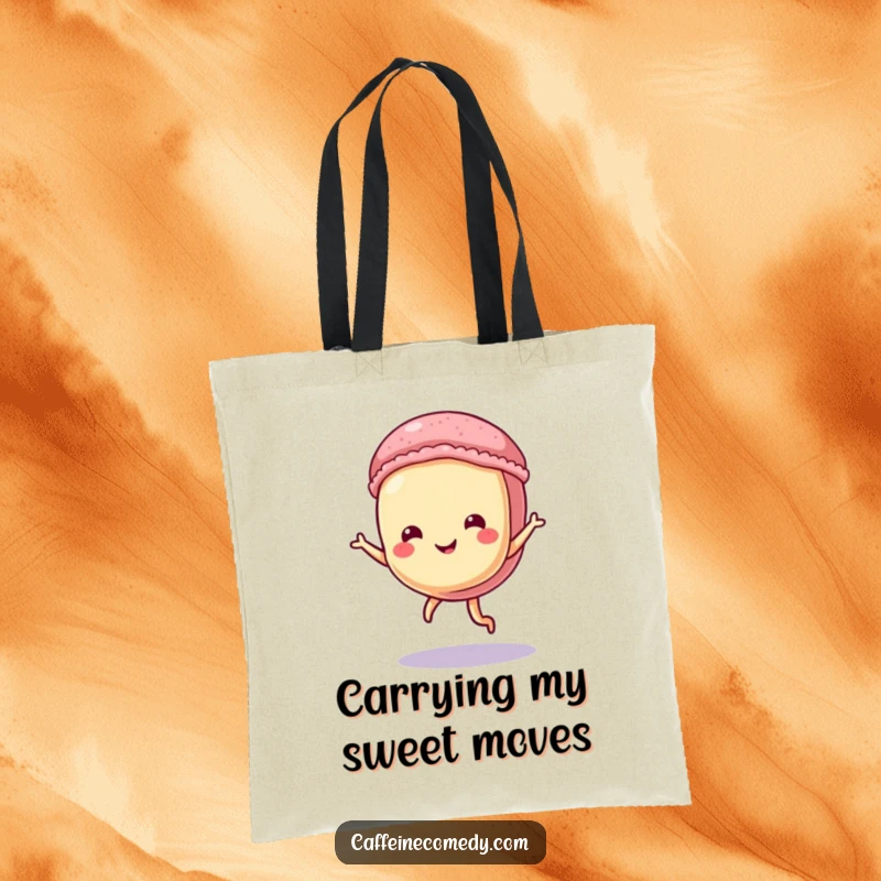Funny Macaron Tote Bag: A playful macaron character dancing energetically, adding a cheerful touch to this practical bag.