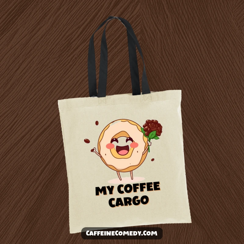 Funny donut hole character holding a bouquet of coffee beans, great for shopping or daily use.