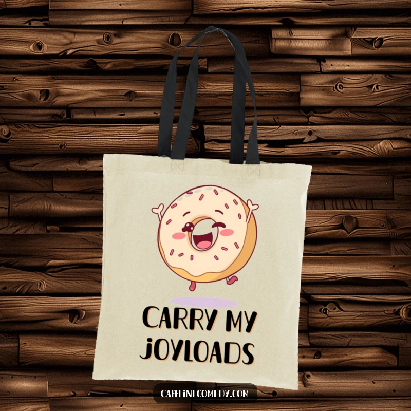 Funny delighted donut character leaping energetically with sprinkles, on a durable tote bag for stylish and humorous carrying.