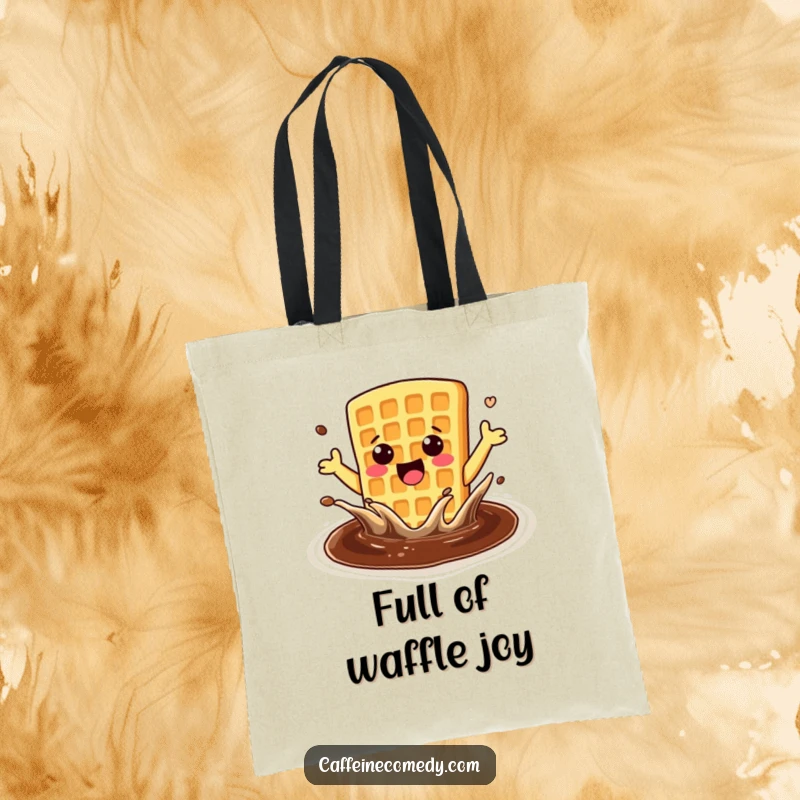 Funny enthusiastic kawaii waffle splashing in coffee, depicted on a durable tote bag for carrying life’s goodies.