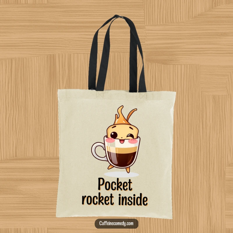 Funny tote bag featuring a giggling espresso shot character jumping out of a cup, great for daily use.