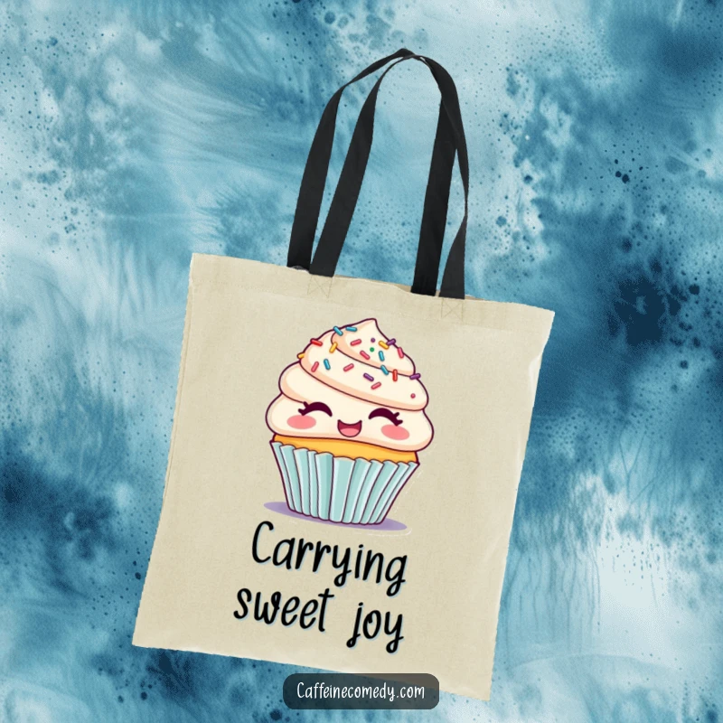 Funny tote bag featuring a happy cupcake with sprinkle hair, giggling, perfect for carrying groceries or daily items with a smile.