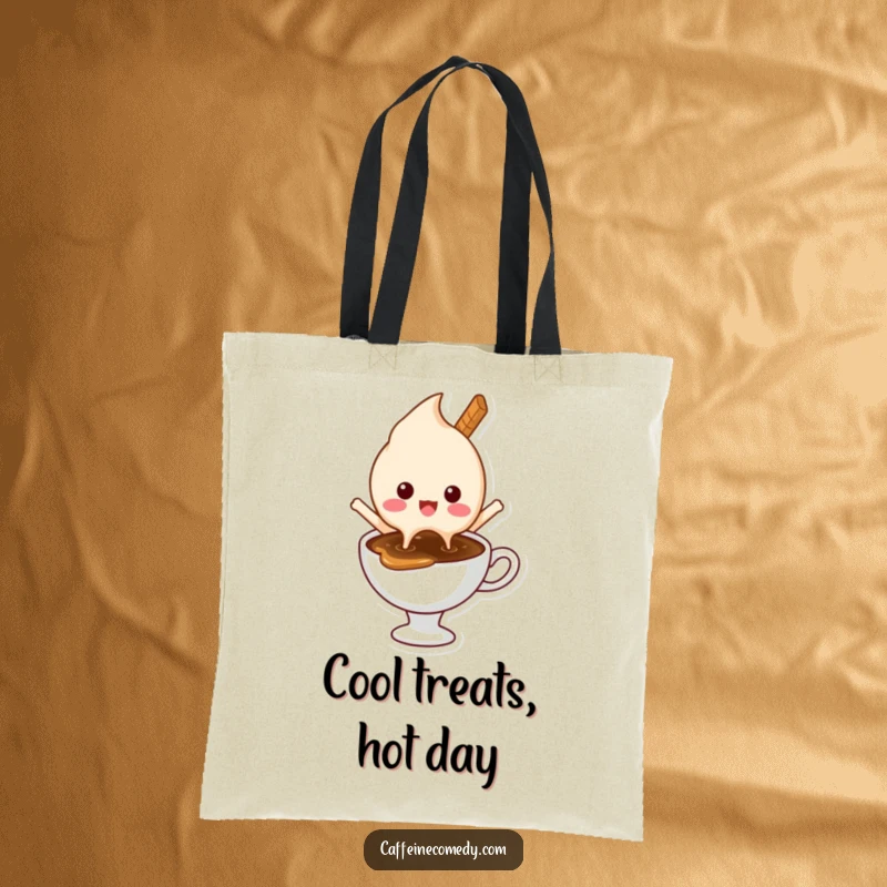 Funny tote bag featuring a delighted ice cream character melting happily into a hot coffee, ideal for carrying essentials with sweet humor.