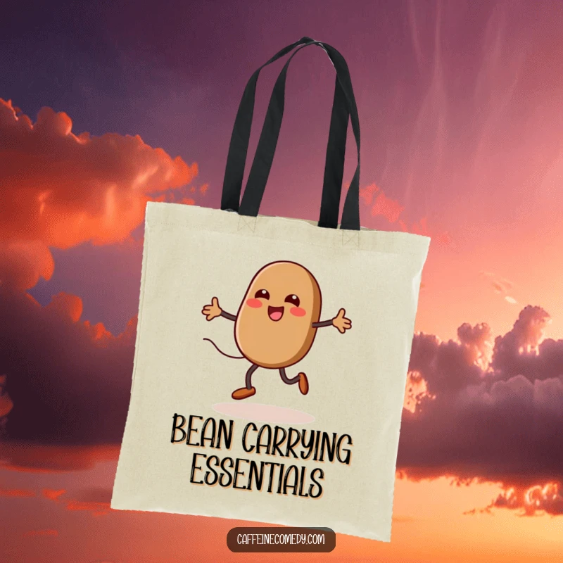 Funny kawaii coffee bean with legs jumping rope, steam trail, durable tote bag, stylish accessory, humorous design.