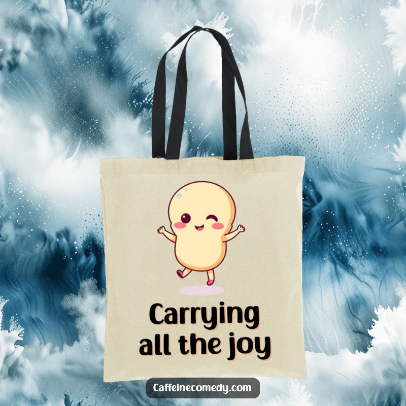 Funny macaron tote bag with a cute macaron character captured in a lively, playful dance, perfect for carrying joy.
