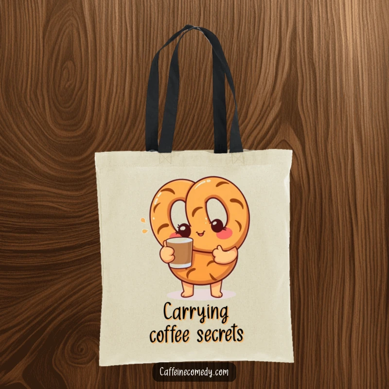 Funny tote bag featuring a curious pretzel character winking as it offers a coffee cup, ideal for carrying essentials with humor.