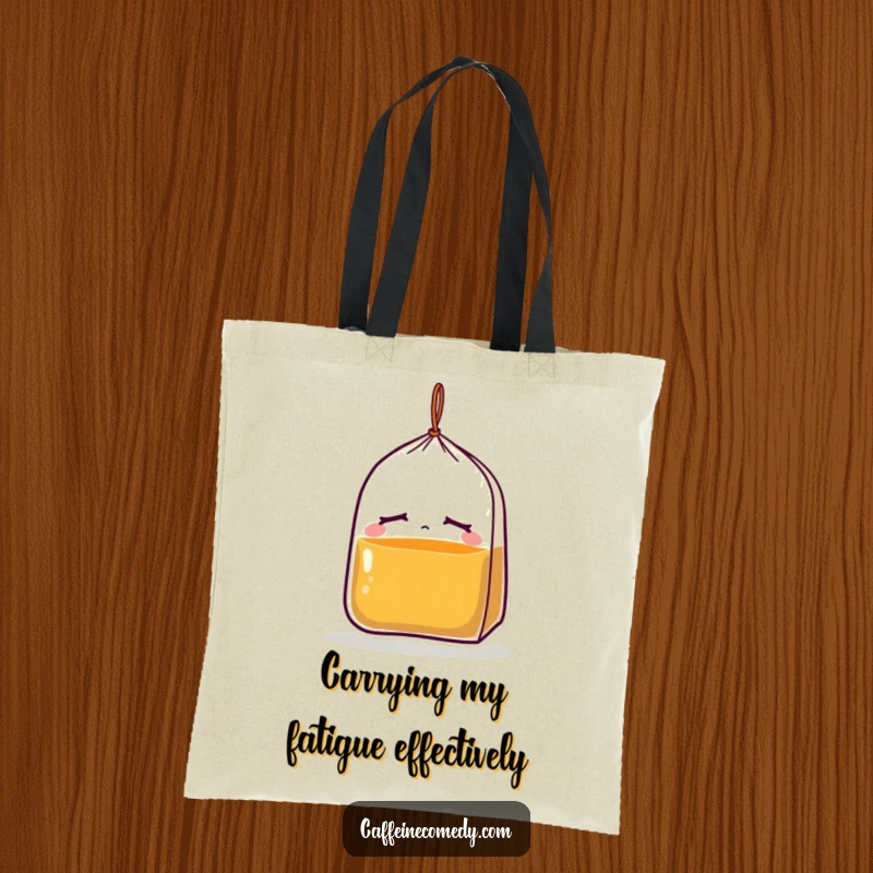 Funny tote bag with a cute, sleepy tea bag character, illustrating a relaxed mood and perfect for carrying groceries or books.