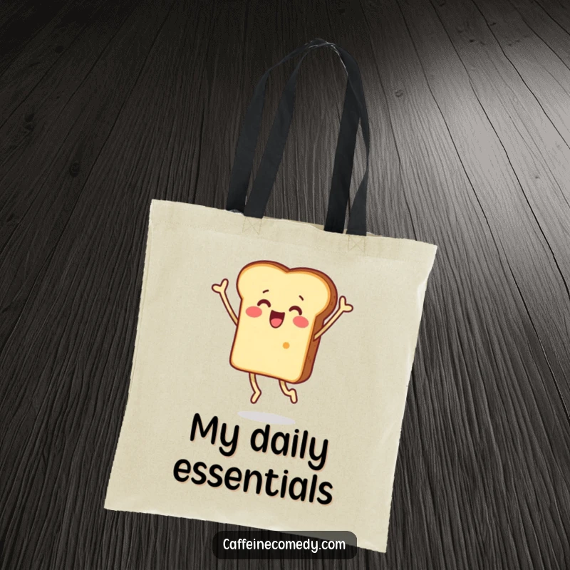 Funny tote bag illustrating a surprised piece of toast character jumping joyfully, perfect for carrying everyday items with a humorous surprise.
