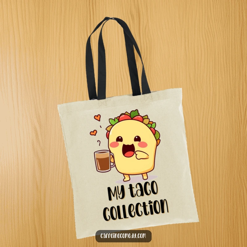 Funny cute taco character toasting a coffee mug, practical and cheerful tote bag for market trips or daily use.