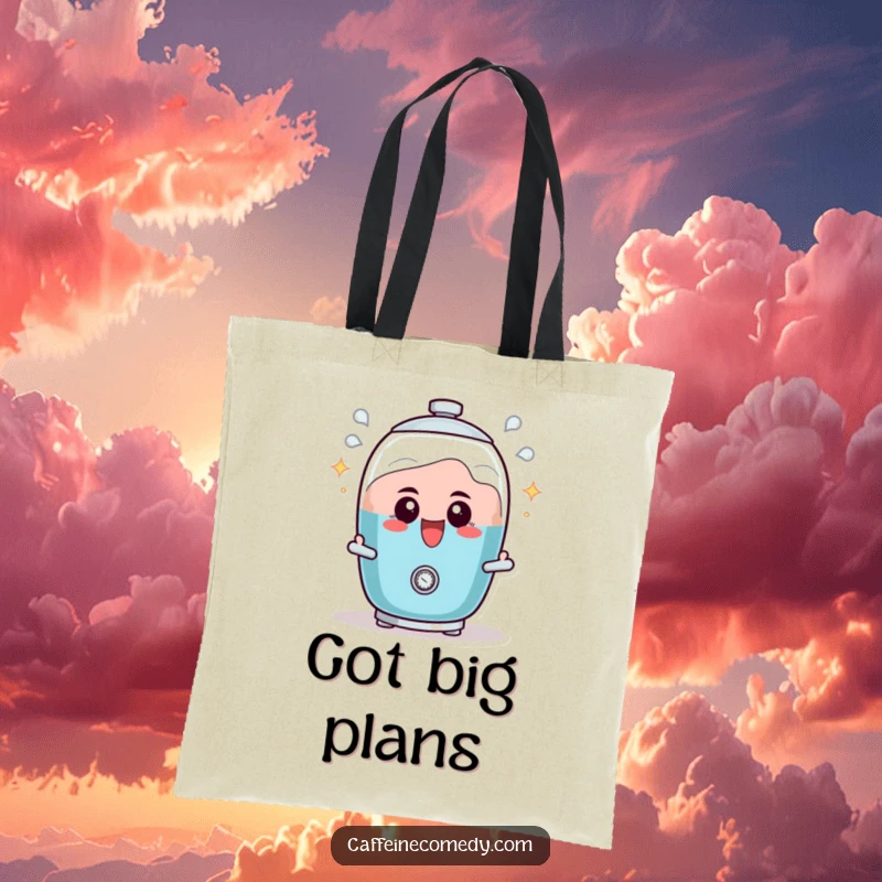 Funny tote bag featuring a determined percolator character, actively bubbling with excitement and ready for a coffee run.