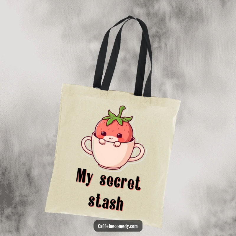 Funny Kawaii Strawberry Hiding Tote Bag: A mischievous strawberry character peeking from a coffee mug, perfect for carrying goodies.