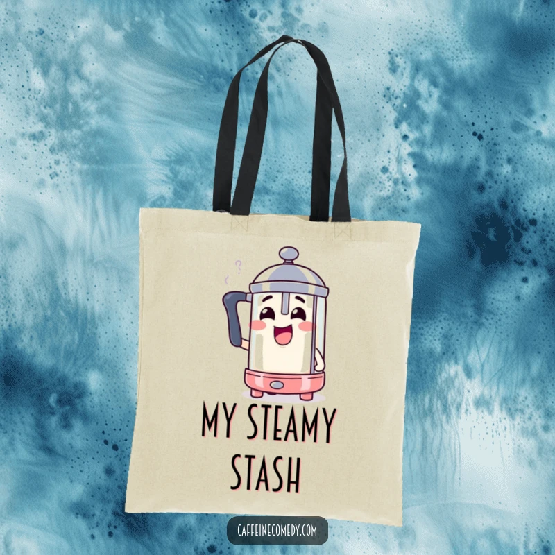 Funny French press character comically steaming with excitement, a stylish and humorous tote.